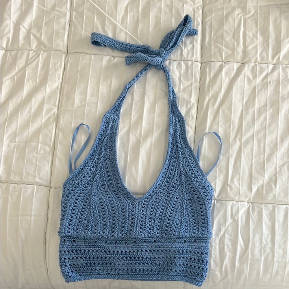 Blue Crochet Halter Crop Top